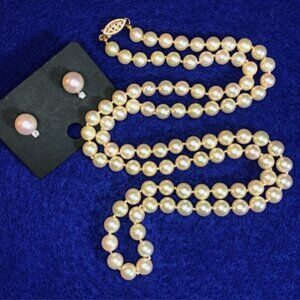 VTG 14K Yellow Gold Saltwater Akoya Cultured Pearl Necklace AAA 25" +Earrings